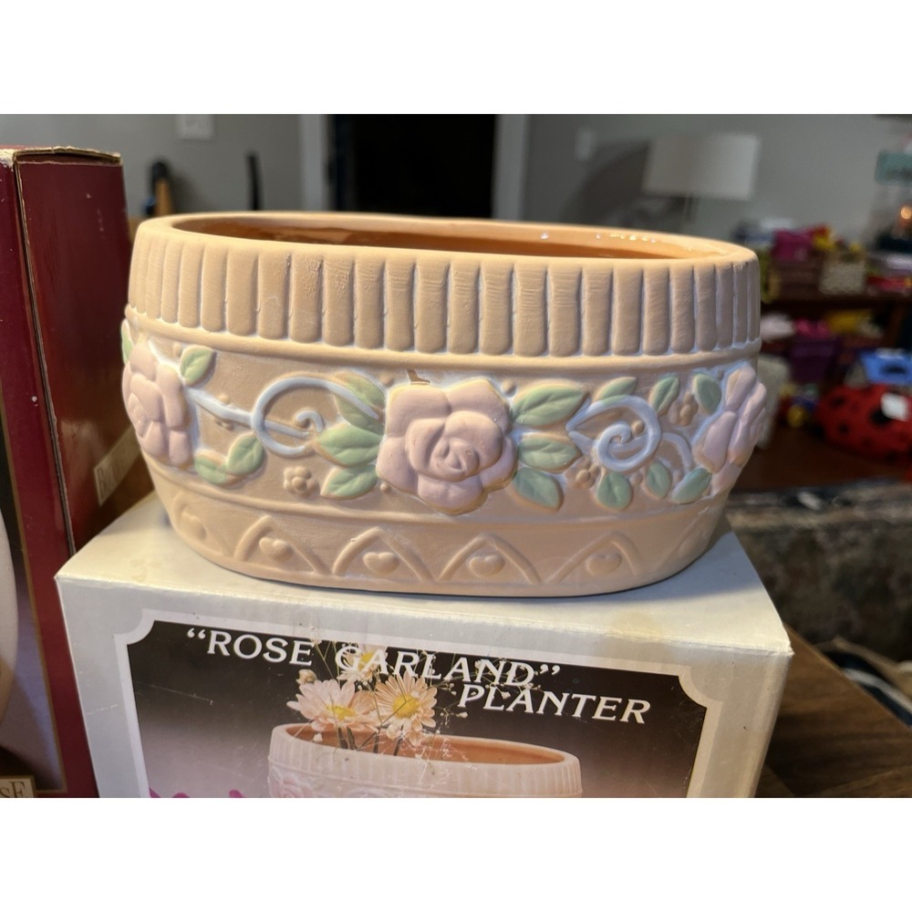 Ceramic Rose Oval Planter Pink Rose Floral Matte Art Pottery NIB Vintage Cottage